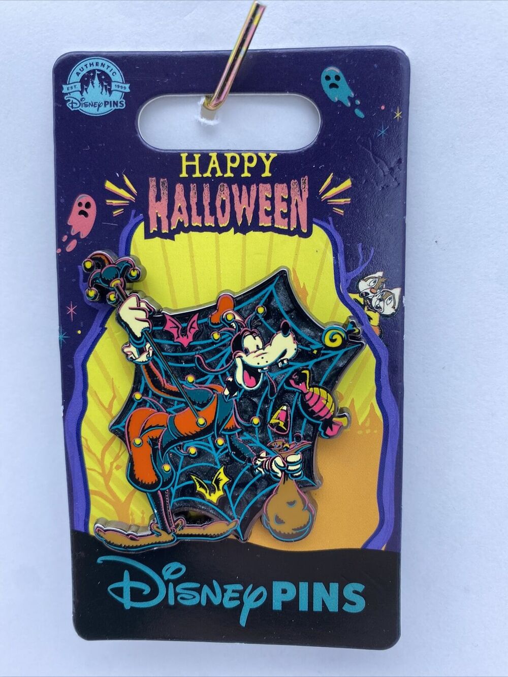 Disney Parks Pin Goofy Happy Halloween 2023 as Jester with Bats Candy Spider Web